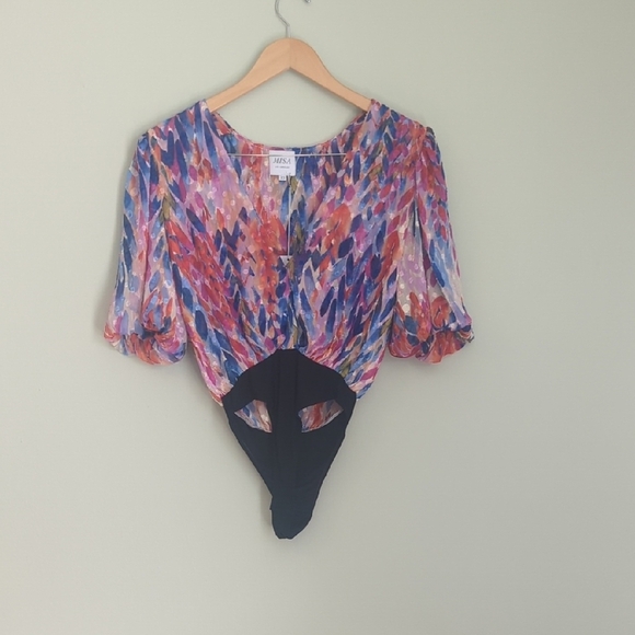 NWT Misa Los Angeles Multicolor Feathers of Corfu Aria Bodysuit and Belt, US XS - Picture 1 of 8
